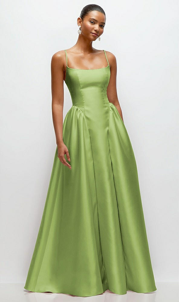 Front View - Mojito Scoop Neck Drop Basque Skirt Satin Maxi Dress with Pockets