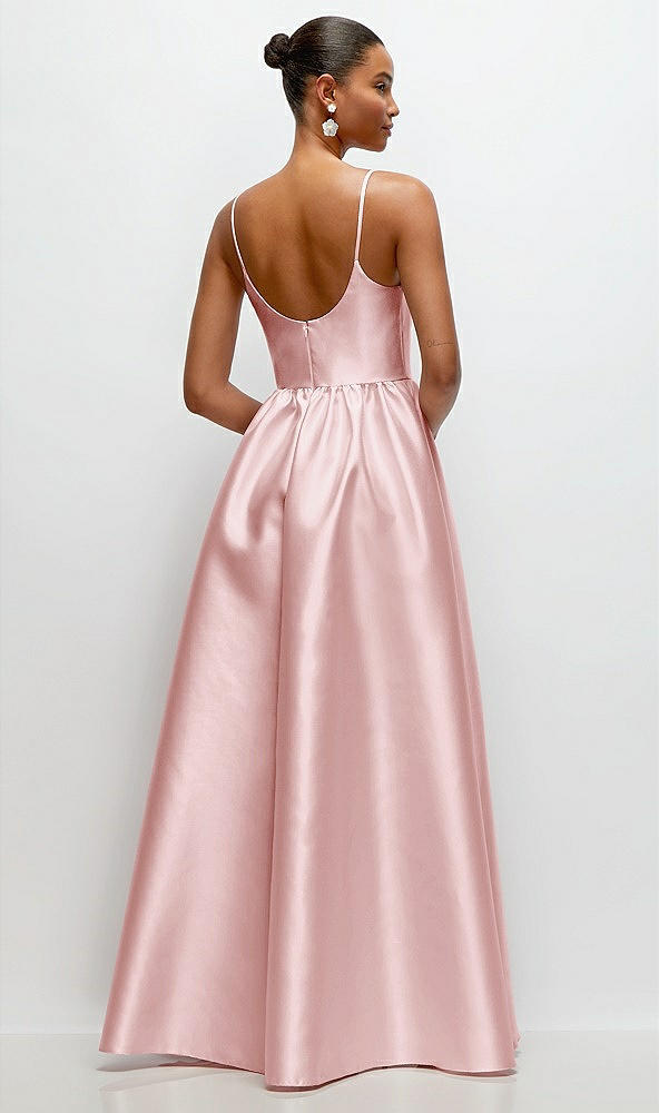 Back View - Ballet Pink Scoop Neck Drop Basque Skirt Satin Maxi Dress with Pockets