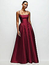 Front View Thumbnail - Burgundy Scoop Neck Drop Basque Skirt Satin Maxi Dress with Pockets