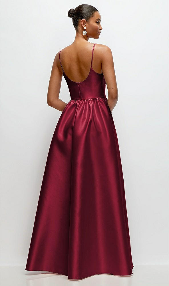 Back View - Burgundy Scoop Neck Drop Basque Skirt Satin Maxi Dress with Pockets