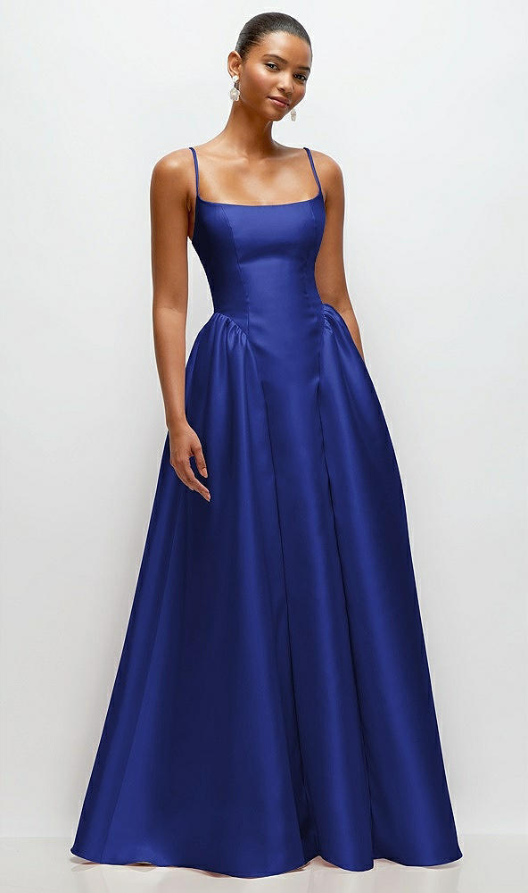 Front View - Cobalt Blue Scoop Neck Drop Basque Skirt Satin Maxi Dress with Pockets