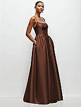 Side View Thumbnail - Cognac Scoop Neck Drop Basque Skirt Satin Maxi Dress with Pockets