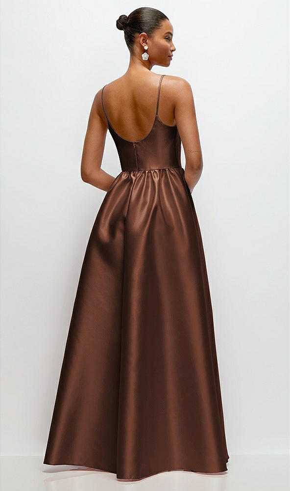 Back View - Cognac Scoop Neck Drop Basque Skirt Satin Maxi Dress with Pockets