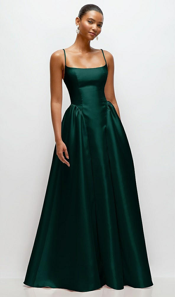 Front View - Evergreen Scoop Neck Drop Basque Skirt Satin Maxi Dress with Pockets