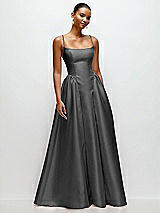 Front View Thumbnail - Gunmetal Scoop Neck Drop Basque Skirt Satin Maxi Dress with Pockets