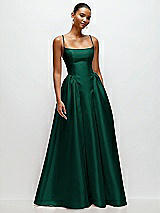 Front View Thumbnail - Hunter Green Scoop Neck Drop Basque Skirt Satin Maxi Dress with Pockets