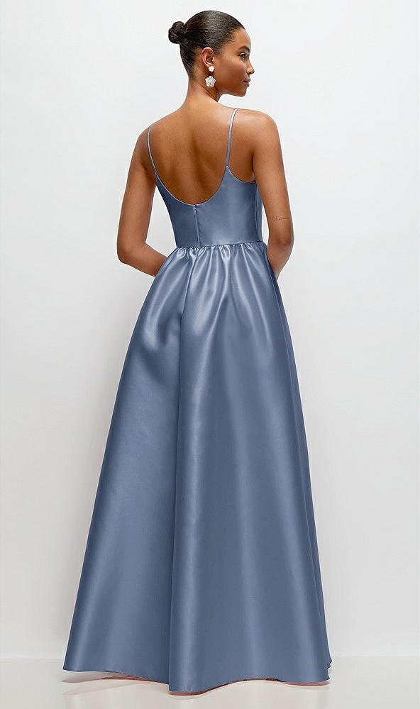 Back View - Larkspur Blue Scoop Neck Drop Basque Skirt Satin Maxi Dress with Pockets