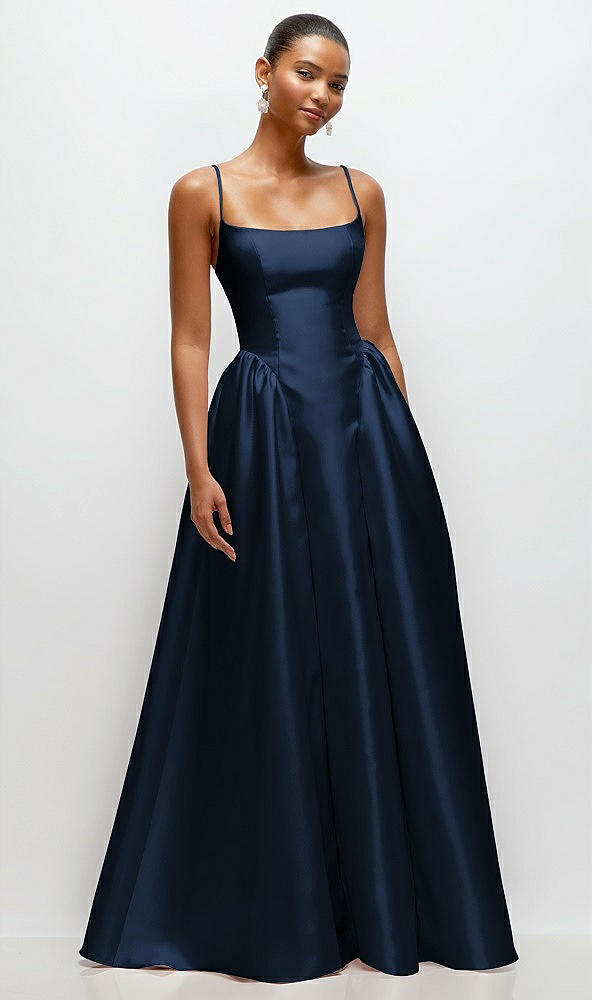 Front View - Midnight Navy Scoop Neck Drop Basque Skirt Satin Maxi Dress with Pockets