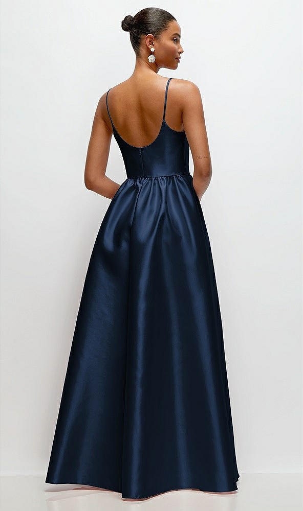 Back View - Midnight Navy Scoop Neck Drop Basque Skirt Satin Maxi Dress with Pockets