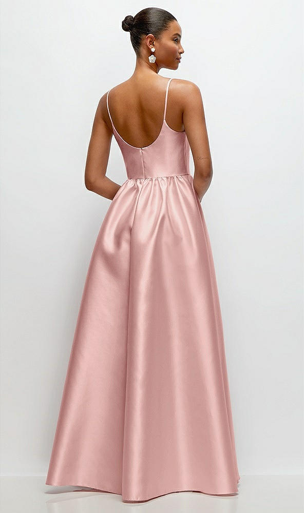 Back View - Rose - PANTONE Rose Quartz Scoop Neck Drop Basque Skirt Satin Maxi Dress with Pockets