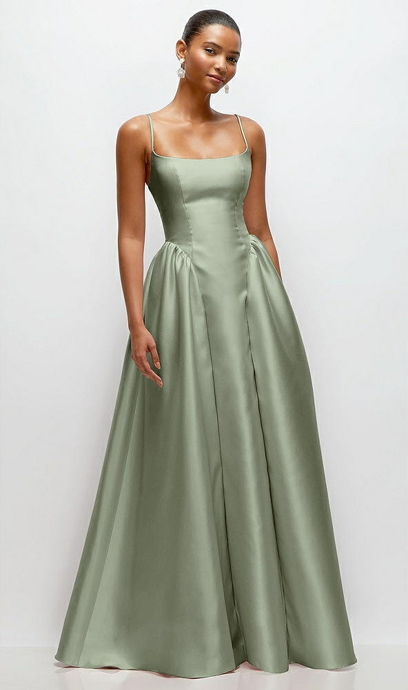 Front View - Sage Scoop Neck Drop Basque Skirt Satin Maxi Dress with Pockets