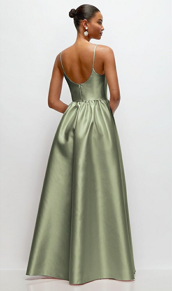 Back View - Sage Scoop Neck Drop Basque Skirt Satin Maxi Dress with Pockets