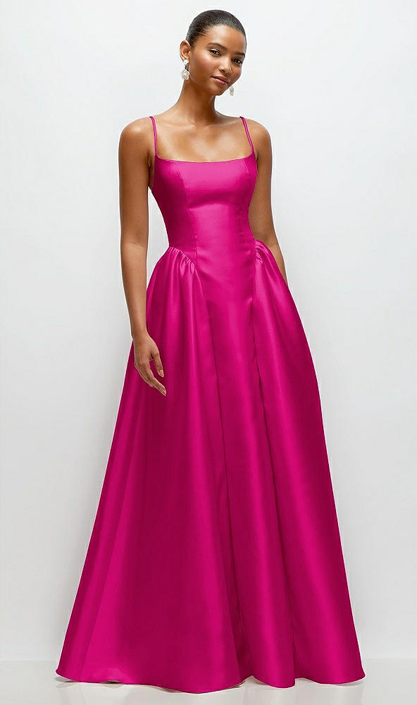 Front View - Think Pink Scoop Neck Drop Basque Skirt Satin Maxi Dress with Pockets