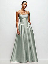 Front View Thumbnail - Willow Green Scoop Neck Drop Basque Skirt Satin Maxi Dress with Pockets