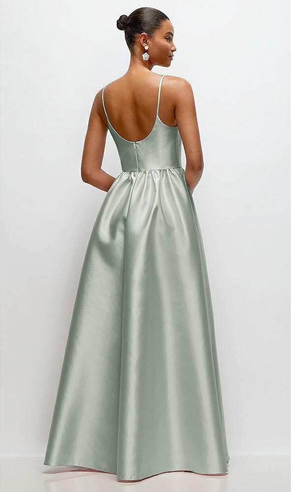 Back View - Willow Green Scoop Neck Drop Basque Skirt Satin Maxi Dress with Pockets