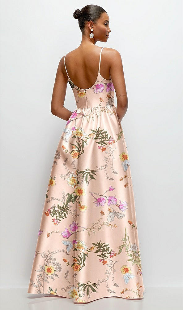 Back View - Butterfly Botanica Pink Sand Scoop Neck Drop Basque Skirt Floral Satin Maxi Dress with Pockets