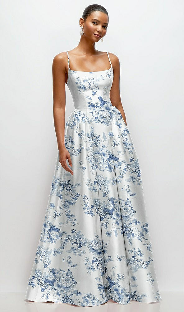 Front View - Cottage Rose Larkspur Scoop Neck Drop Basque Skirt Floral Satin Maxi Dress with Pockets