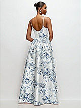 Rear View Thumbnail - Cottage Rose Larkspur Scoop Neck Drop Basque Skirt Floral Satin Maxi Dress with Pockets