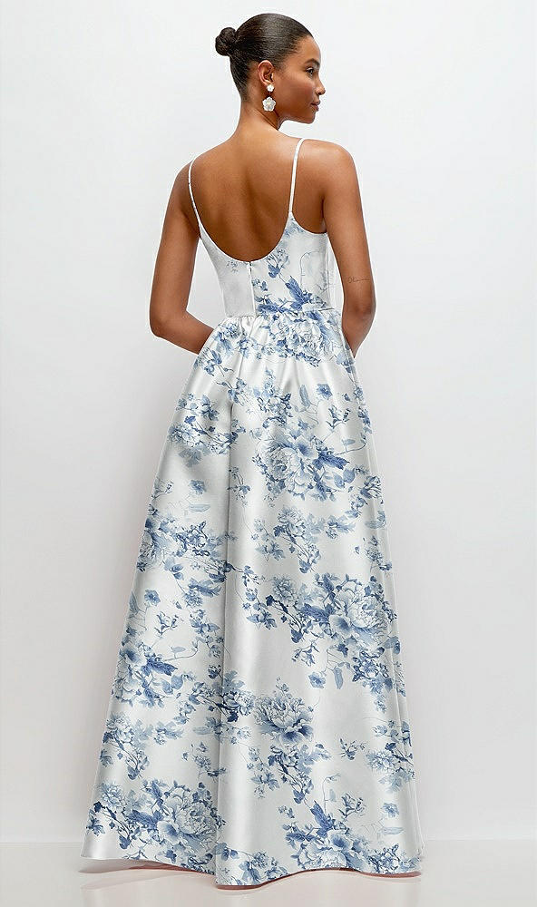 Back View - Cottage Rose Larkspur Scoop Neck Drop Basque Skirt Floral Satin Maxi Dress with Pockets