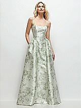 Front View Thumbnail - Sage Cottage Rose Scoop Neck Drop Basque Skirt Floral Satin Maxi Dress with Pockets