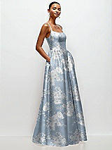 Side View Thumbnail - Porcelain Blue Seraphina Floral Scoop Neck Drop Basque Skirt Floral Satin Maxi Dress with Pockets