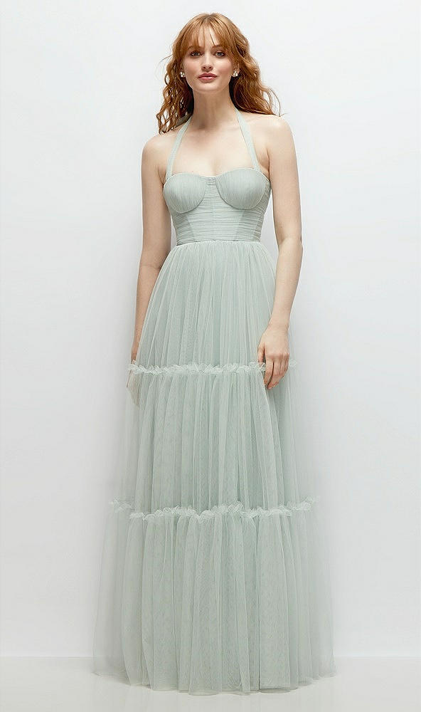 Front View - Willow Green Bustier-Style Neu Tulle Tiered Maxi Dress with Convertible Straps