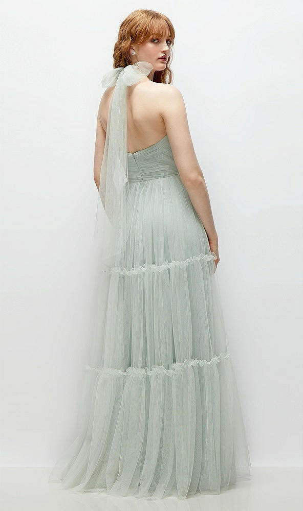 Back View - Willow Green Bustier-Style Neu Tulle Tiered Maxi Dress with Convertible Straps