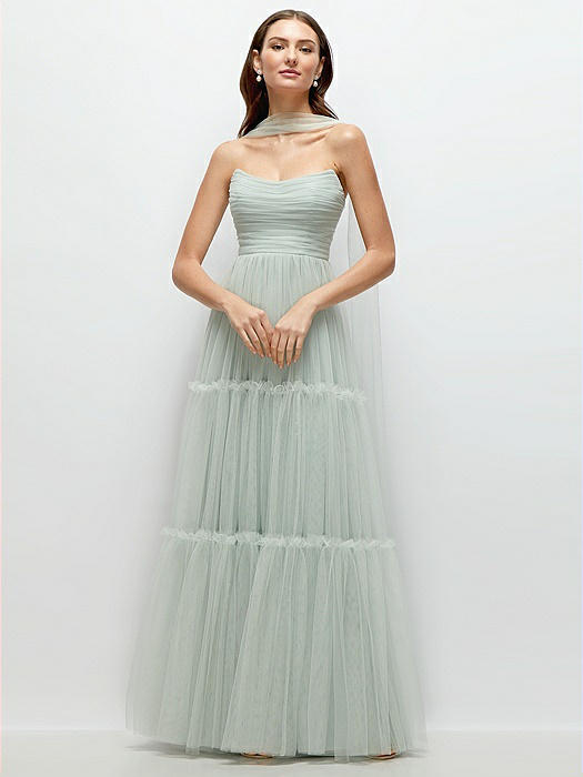 Strapless Cat-Eye Neu Tulle Tiered Maxi Dress with Convertible Sash