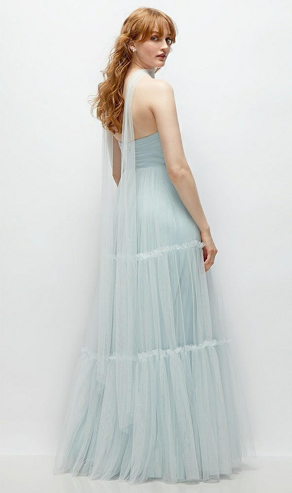 Back View - Mist Strapless Cat-Eye Neu Tulle Tiered Maxi Dress with Convertible Sash