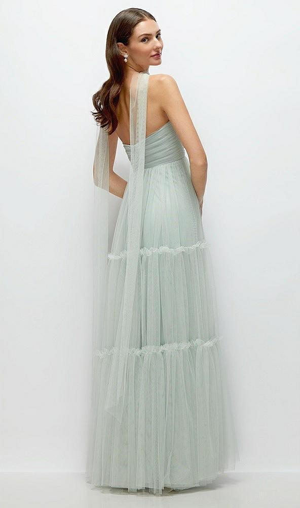 Back View - Willow Green Strapless Cat-Eye Neu Tulle Tiered Maxi Dress with Convertible Sash