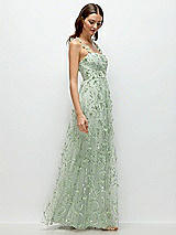 Side View Thumbnail - Celadon Shirred 3D Sequin Embroidery Floral Maxi Dress with Petal-Adorned Straps