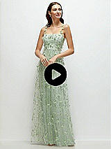 Video 1 Thumbnail - Celadon Shirred 3D Sequin Embroidery Floral Maxi Dress with Petal-Adorned Straps