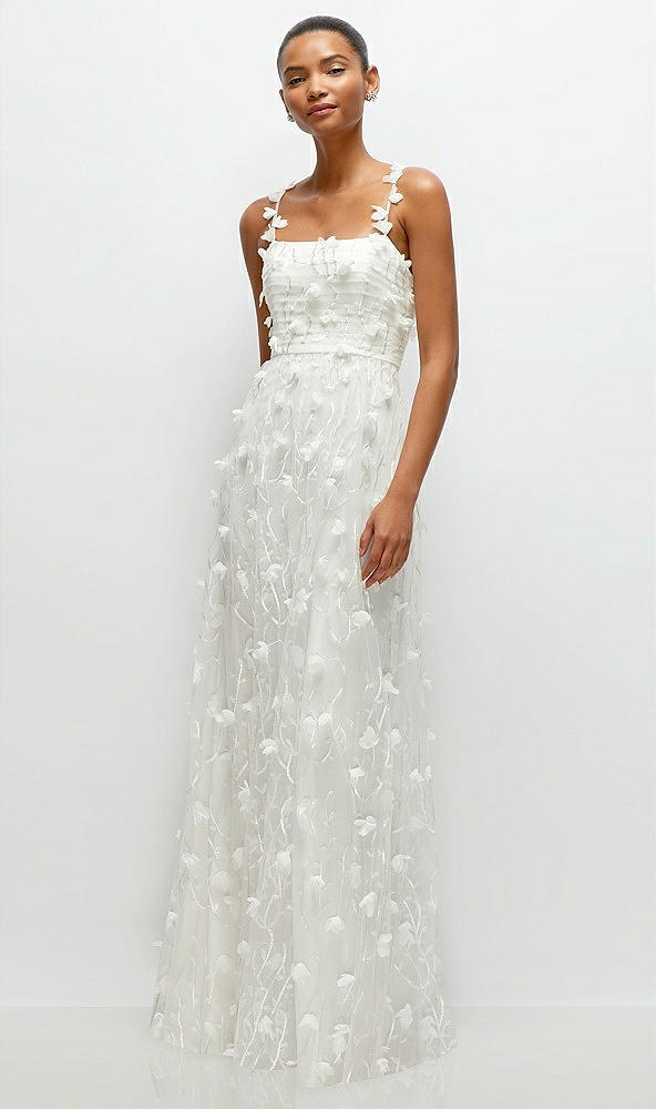 Front View - Ivory Shirred 3D Sequin Embroidery Floral Maxi Dress with Petal-Adorned Straps