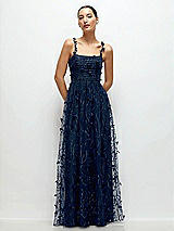 Front View Thumbnail - Midnight Navy Shirred 3D Sequin Embroidery Floral Maxi Dress with Petal-Adorned Straps