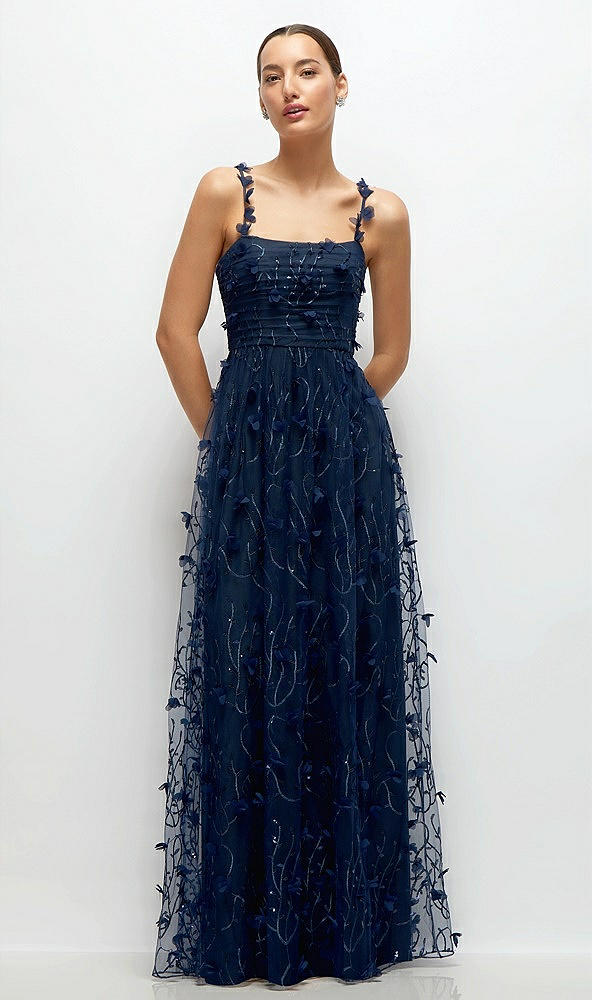 Front View - Midnight Navy Shirred 3D Sequin Embroidery Floral Maxi Dress with Petal-Adorned Straps