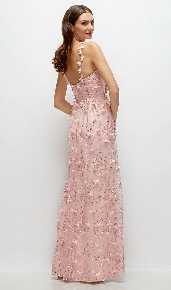 Back View - Rose - PANTONE Rose Quartz Shirred 3D Sequin Embroidery Floral Maxi Dress with Petal-Adorned Straps