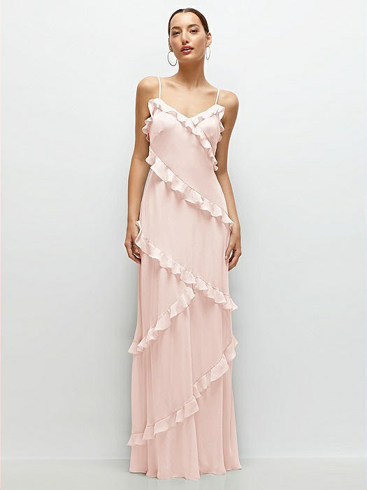 Asymmetrical Ruffle Chiffon Bias Slip Maxi Dress