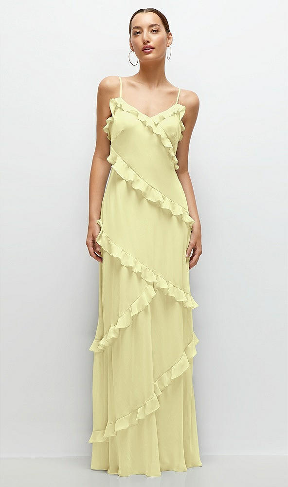 Front View - Butter Yellow Asymmetrical Ruffle Chiffon Bias Slip Maxi Dress