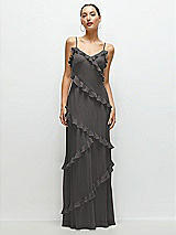 Front View Thumbnail - Caviar Gray Asymmetrical Ruffle Chiffon Bias Slip Maxi Dress