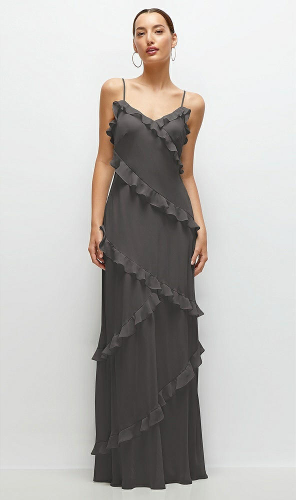 Front View - Caviar Gray Asymmetrical Ruffle Chiffon Bias Slip Maxi Dress