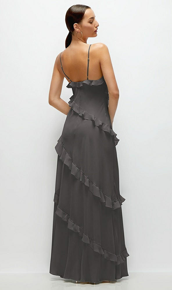 Back View - Caviar Gray Asymmetrical Ruffle Chiffon Bias Slip Maxi Dress