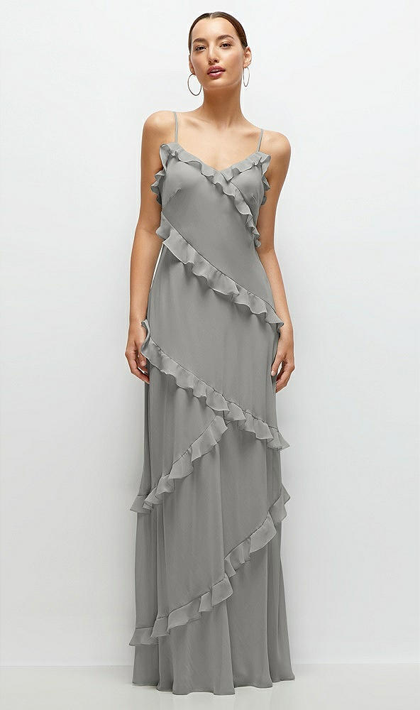 Front View - Chelsea Gray Asymmetrical Ruffle Chiffon Bias Slip Maxi Dress