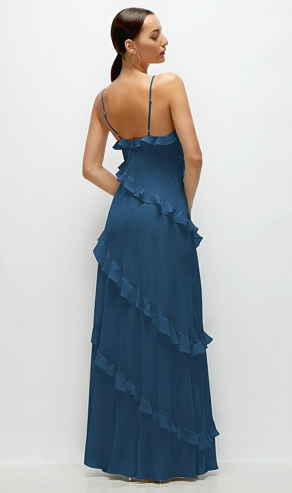 Back View - Dusk Blue Asymmetrical Ruffle Chiffon Bias Slip Maxi Dress