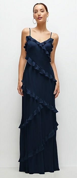 Asymmetrical Ruffle Chiffon Bias Slip Maxi Dress