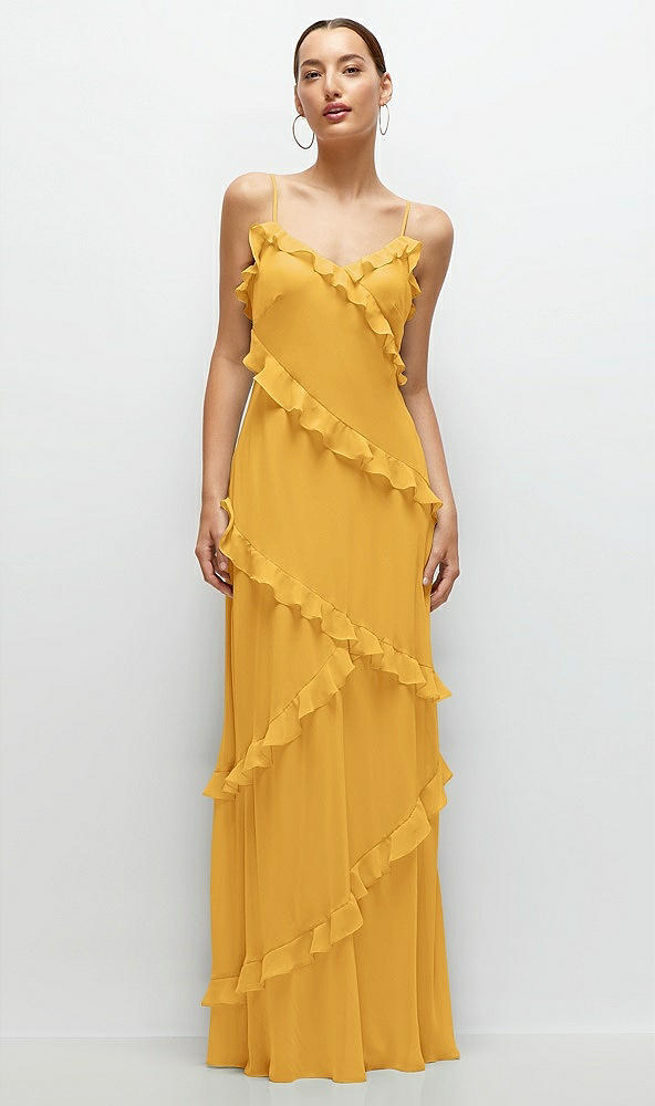 Front View - NYC Yellow Asymmetrical Ruffle Chiffon Bias Slip Maxi Dress