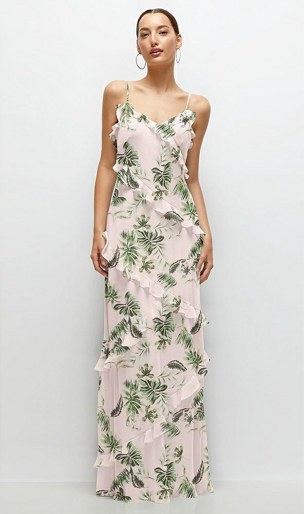 Front View - Palm Beach Print Asymmetrical Ruffle Chiffon Bias Slip Maxi Dress