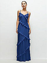 Front View Thumbnail - Classic Blue Asymmetrical Ruffle Chiffon Bias Slip Maxi Dress