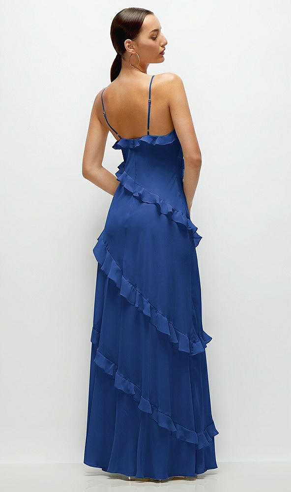 Back View - Classic Blue Asymmetrical Ruffle Chiffon Bias Slip Maxi Dress