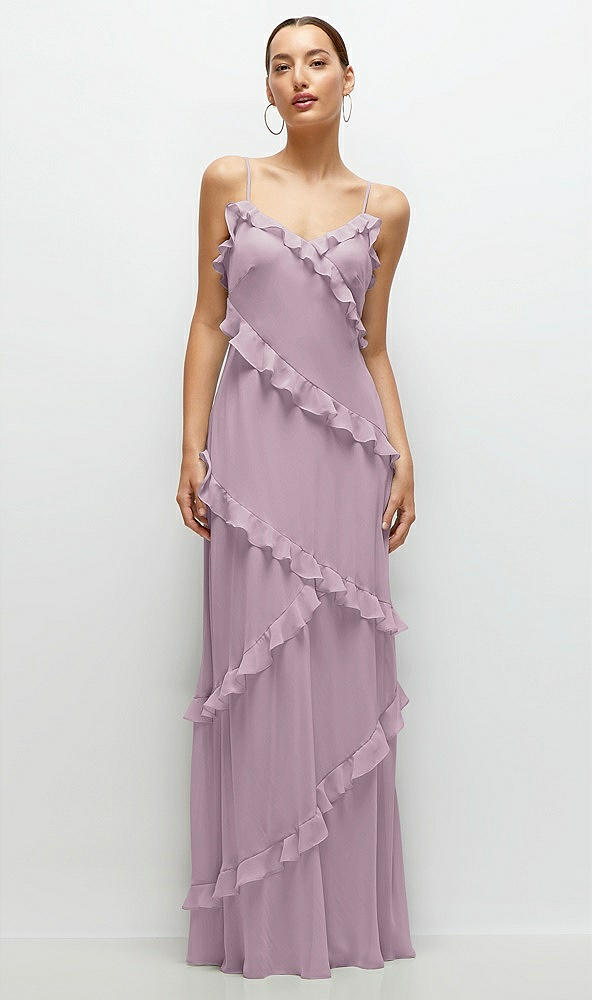 Front View - Suede Rose Asymmetrical Ruffle Chiffon Bias Slip Maxi Dress