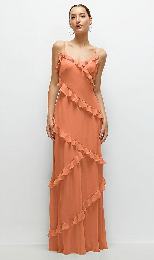 Front View - Sweet Melon Asymmetrical Ruffle Chiffon Bias Slip Maxi Dress